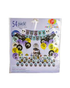 Letrero happy birthday con globos y topper para cupcakes Fortnite 54pzas
