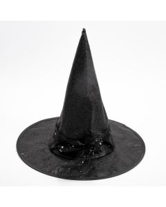 Sombrero tela bruja liso escarchado con detalle lazo negro