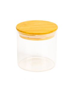 Frasco vidrio liso con tapa madera 8.5x8.5cm 280ml