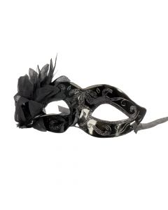 Antifaz plástico con escarcha+flor 17cm negro
