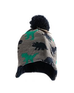 Gorro para niño estampado dinosaurio y pompon gris azul