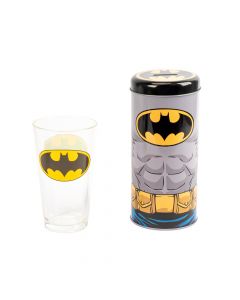 Alcancía metálica vaso vidrio estampado Batman 2pzas surtido