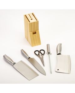 Set utensilios cocina acero inoxidable con base madera 6pzas
