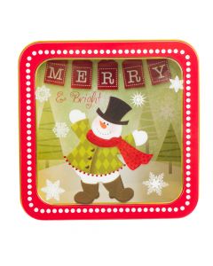 Caja metálica navideña cuadrada estampado muñeco nieve 15x15x5.5cm