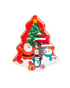 Caja metálica figura árbol estampado navideño 18x15x6.5cm surtido
