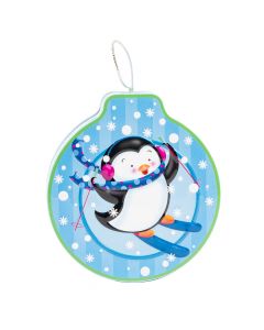Caja metálica figura esfera con relieve pingüino 11x12x3.5cm surtido
