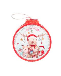 Caja metálica figura esfera estampado navideño 11x12x3.5cm