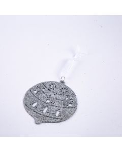 Figura colgante esfera con relieve y escarcha 10cm plateado