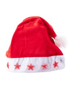 Gorro navideño liso y detalle estrellas con luz 28x38cm rojo y blanco