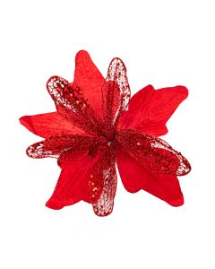 Flor artificial navideña lisa y escarcha textura 24cm rojo