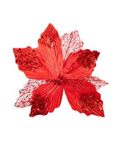 Flor artificial navideña lisa escarchada lentejuela 24cm rojo