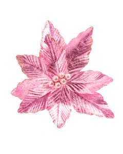 Flor artificial navideña relieve escarcha con frutos 26cm rosado