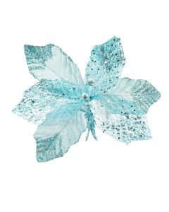 Flor artificial navideña lisa escarchada con lentejuelas 30cm celeste