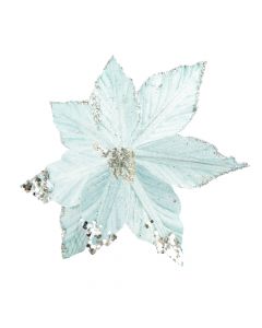 Flor artificial navideña lisa escarchada 21cm celeste