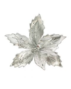 Flor artificial navideña lisa y escarcha 23cm plateado