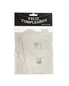 Letrero cartón feliz cumpleaños escarchado plateado