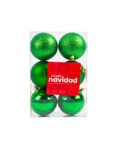 Esfera plástico navideña lisa y escarchada 6und 7cm verde