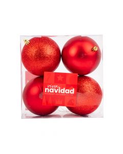Esfera plástico navideña lisa y escarcha 10cm 4und rojo