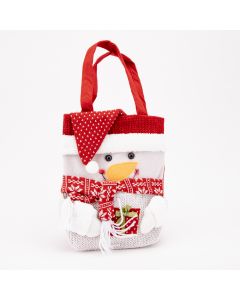 Bolsa tela navideña con muñeco nieve afelpado 28x23cm rojo y blanco