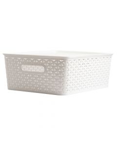 Cesta plástica para almacenamiento lisa+relieve con tapa 35x29x13.5cm blanco