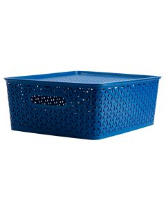 Cesta plástica para almacenamiento con relieve+tapa 35x29x13.5cm azul