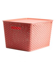 Cesta plástica para almacenamiento con tapa+relieve 35x29x22cm rosado