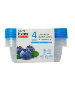 Recipiente plástico liso con tapa 17x17x5.5cm 990ml 4und