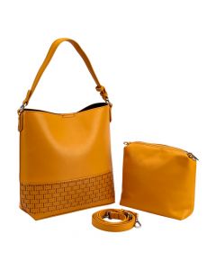 Bolso casual para dama con relieve 2pzas mostaza y plateado