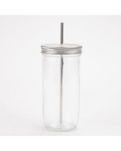 Vaso vidrio liso con tapa y pajilla