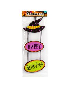 Letrero carton sombrero bruja happy halloween con escarcha multicolor