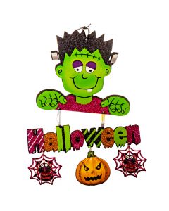 Letrero carton frankenstein halloween con escarcha multicolor
