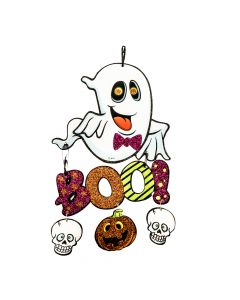 Letrero carton fantasma figuras y boo con escarcha multicolor