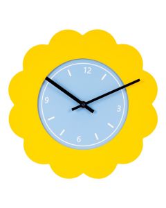 Reloj para pared figura flor amarillo con celeste