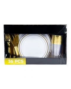 Vajilla acrilico 36pzas dorado y blanco