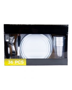 Vajilla acrilico 36pzas blanco y plateado