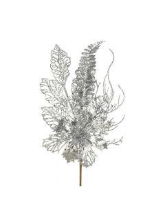 Rama artificial navideña con flores y frutos 42cm plateado