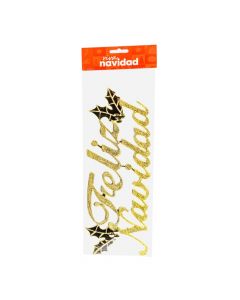 Letrero feliz navidad con relieve 32cm dorado