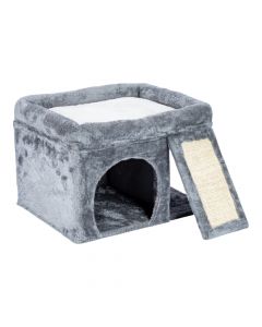 Rascador para mascota afelpado gris con beige