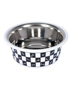Taza metalica con plastico para mascota woof  blanco+negro