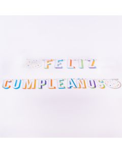 Letrero móvil carnival trends feliz cumpleaños borde plateado blanco