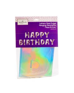 Letrero cartón happy birthday detalle tornasol 243.8cm plateado