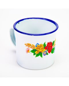 JARRA DE LOZA  ESTAMPADA BLANCA CON BORDE AZUL 7CM