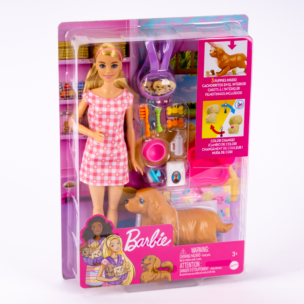 Barbie y perritos recién nacidos con accesorios +3a