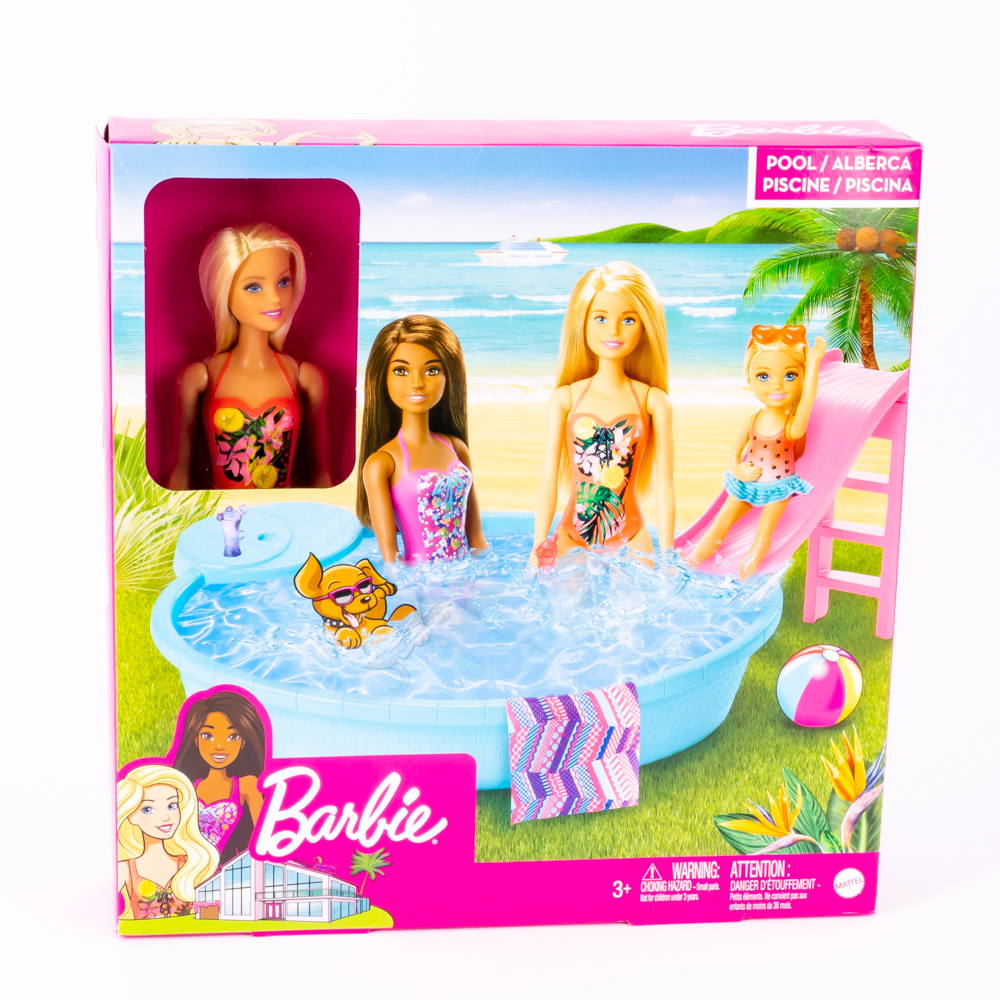 Muñeca Barbie con piscina y accesorios +3a