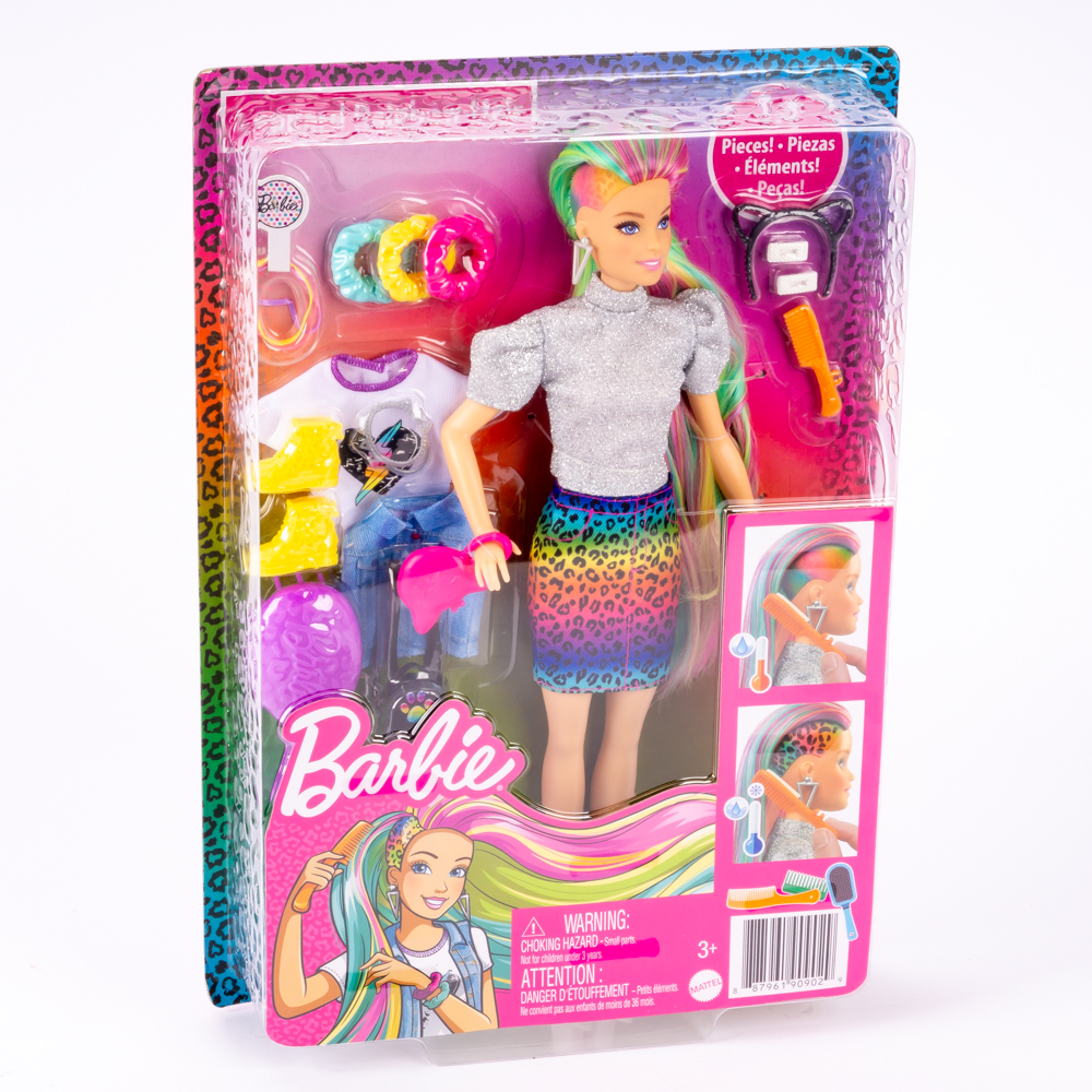 Barbie leopard rainbow hair con accesorios 14pzas +3a
