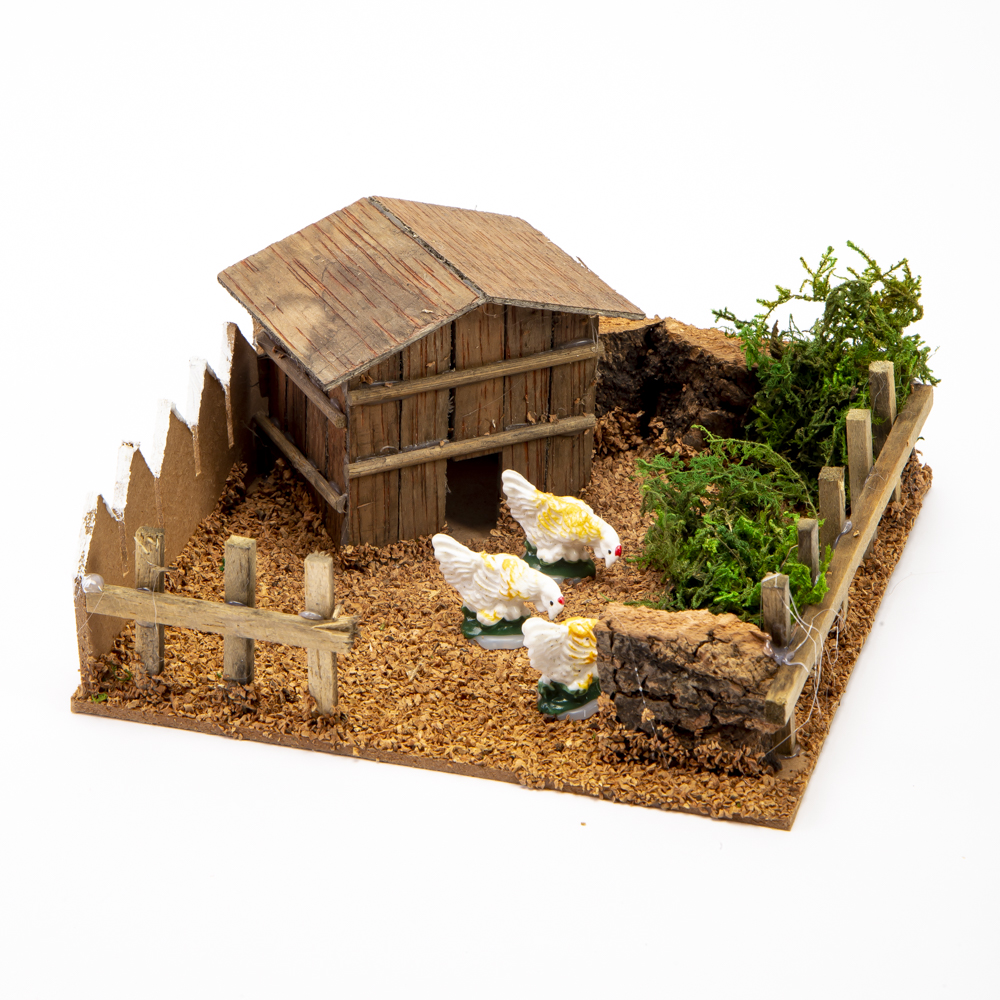 Choza madera con gallinas 15x15x6cm