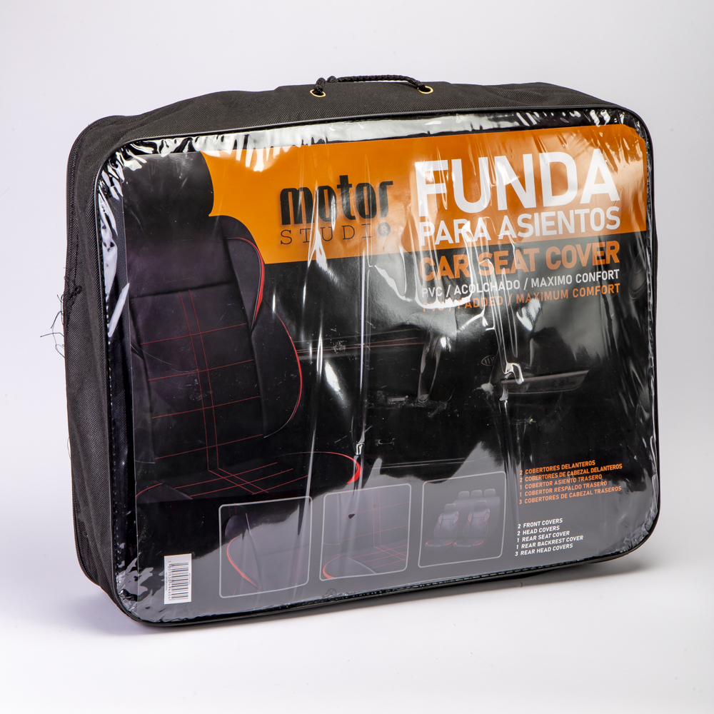 Cobertor PVC asiento auto acolchados 9pzas negro líneas rojas