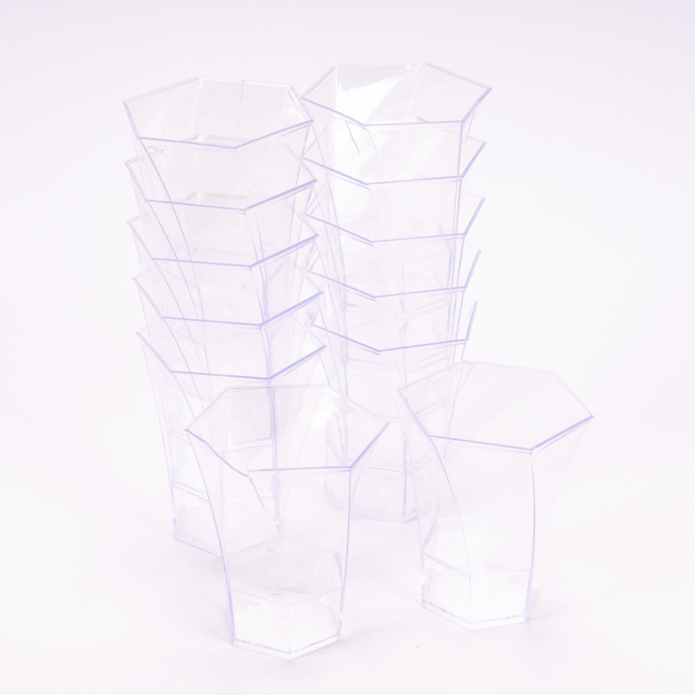 Vaso shot plástico forma hexagonal 7.2x8.2cm 12und 145ml transparente