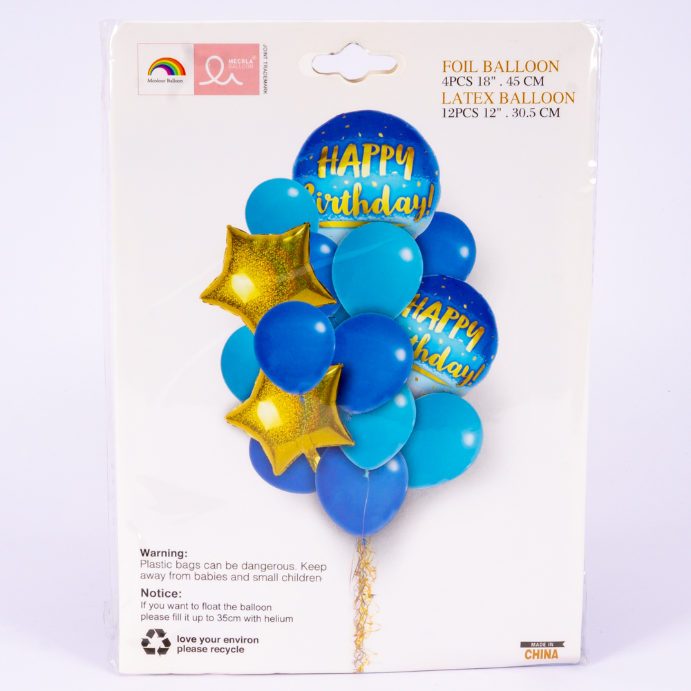 Globo latex/metálico feliz cumpleaños formas surtidas 16pzas 12-18pulg 