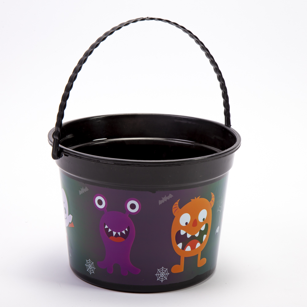 Balde plástico estampado Halloween con asa 20cm negro